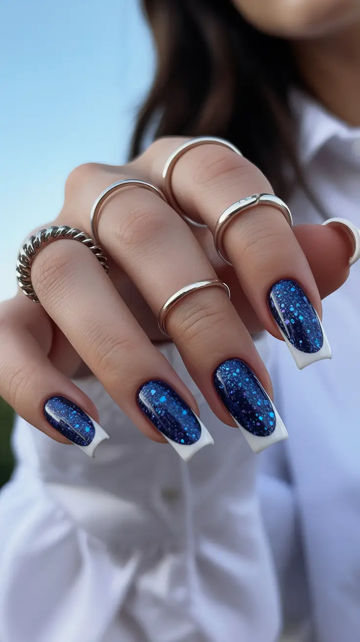 nail colors ideas for 2026 Midnight Glitter With Bright White Framed Tips