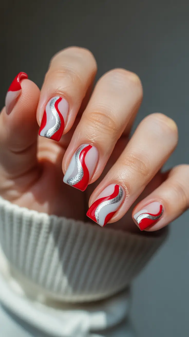 nail colors ideas for 2026 Silver Ribbon Waves With Red Accents