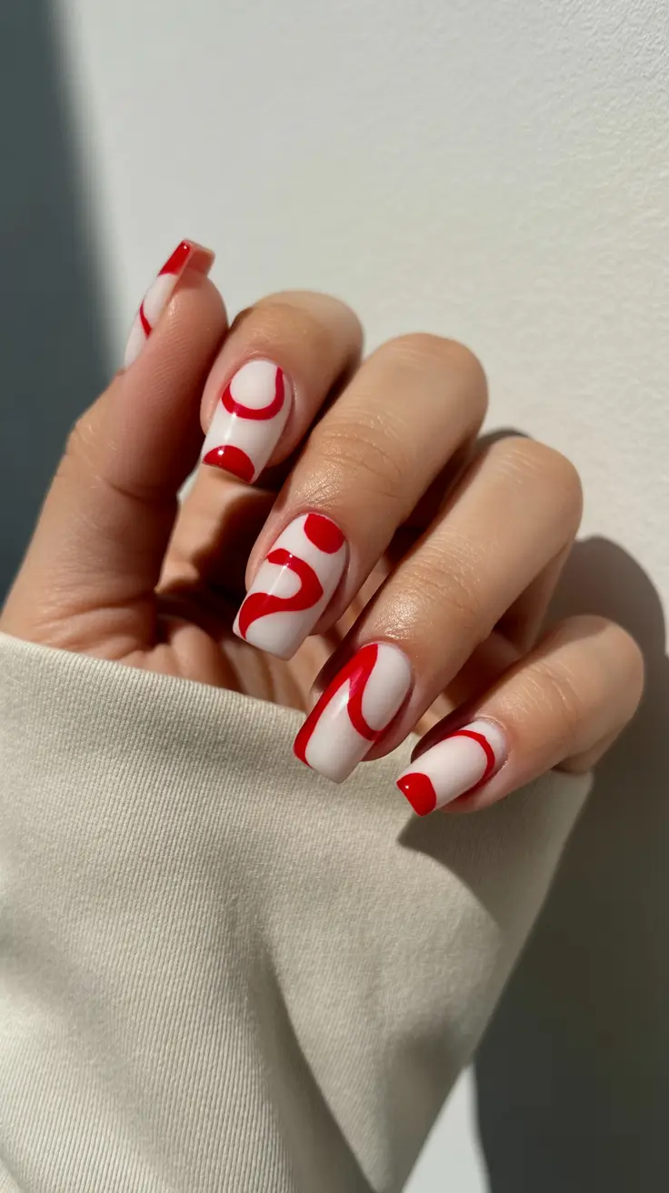 nail colors ideas for 2026 Minimalist Red Lines on Soft Vanilla Base
