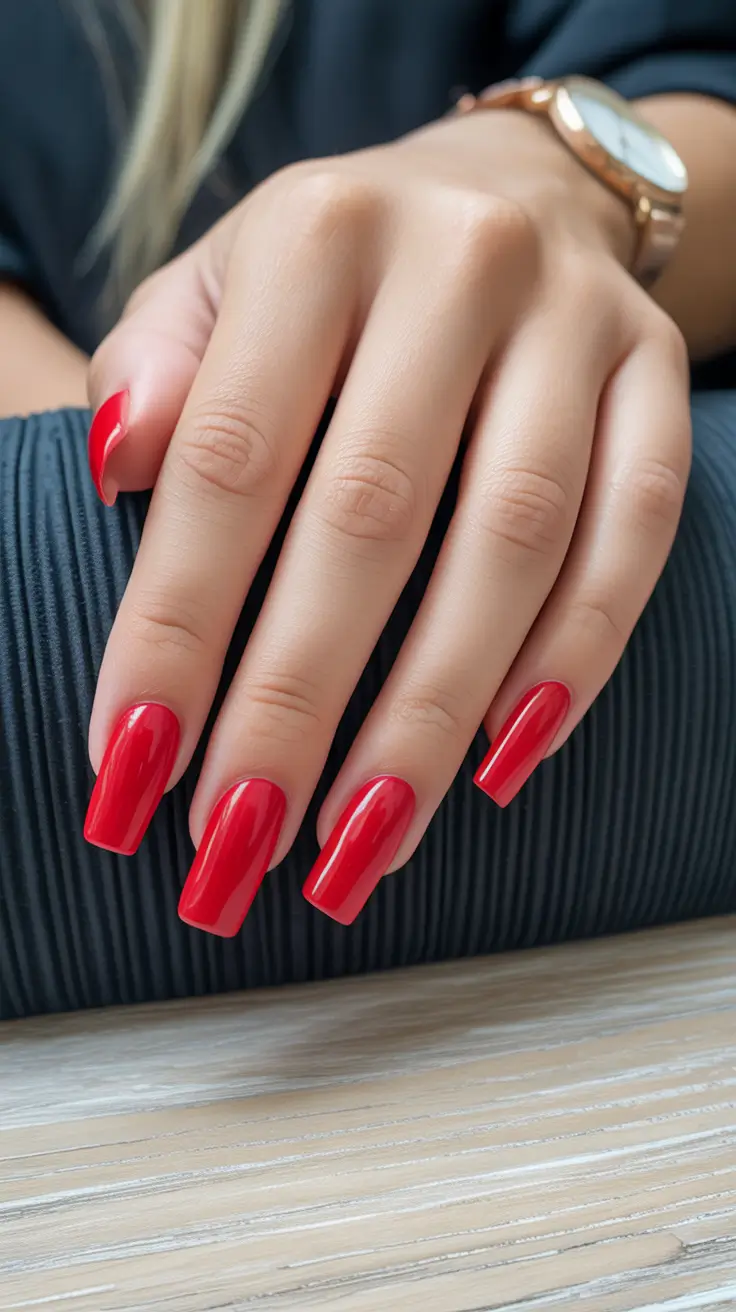 nail colors ideas for 2026 Classic Fiery Red With Modern Length