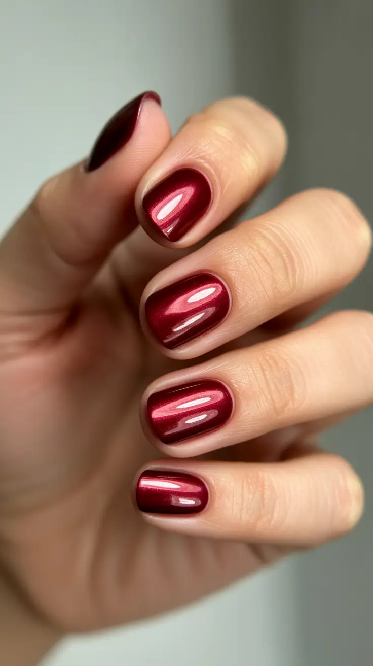 nail colors ideas for 2026 Mirror-Red Shine on Short Nails