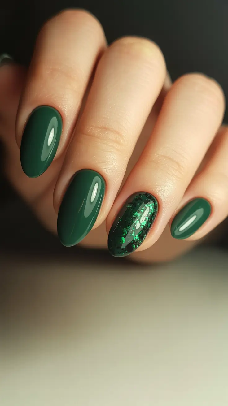nail colors ideas for 2026 Emerald Depth With Shimmer Accent