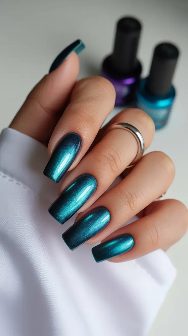 nail inspo aesthetic 2026 Teal Mirror Chrome Glow