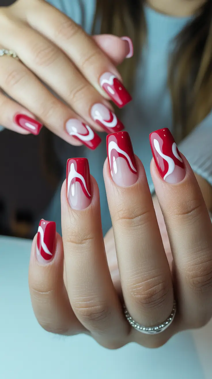 nail inspo aesthetic 2026 Red Ribbon Swirls
