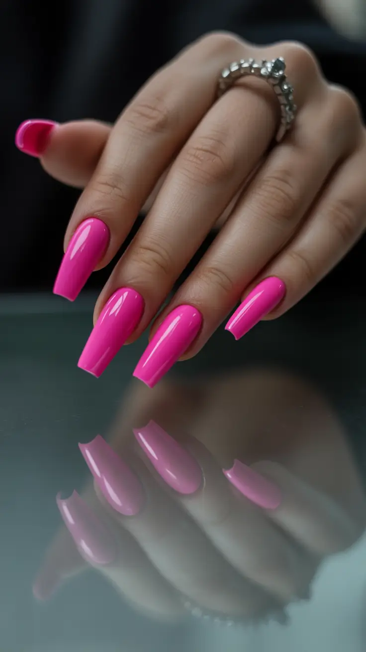 pink nail designs 2026 Bold Candy-Pink Square Glow