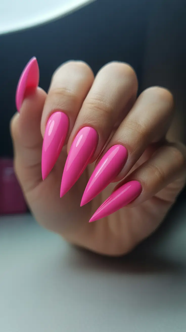 pink nail designs 2026 Electric Hot-Pink Stiletto Drama