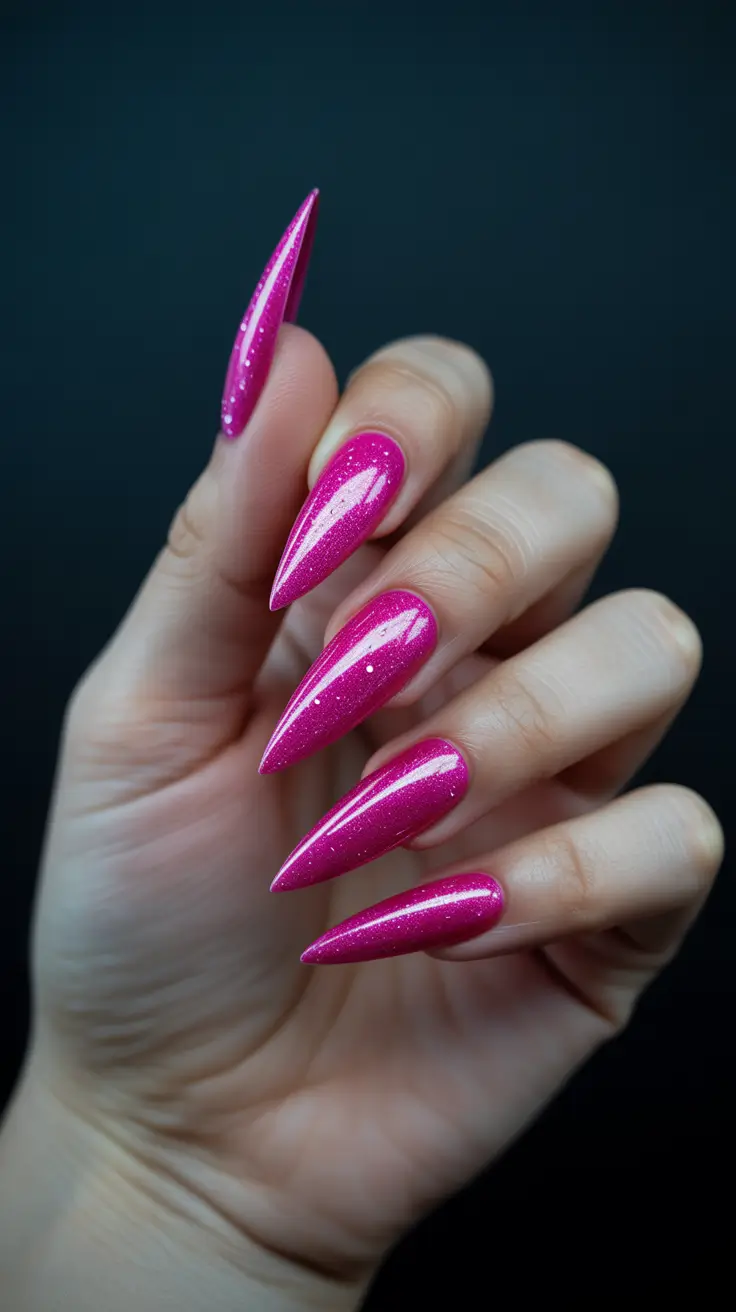 pink nail designs 2026 Glittered Hot-Pink Stiletto Sparkle