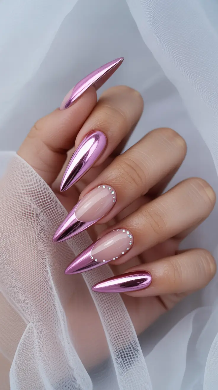 pink nail designs 2026 Chrome Pink Almond Elegance With Crystal Halo