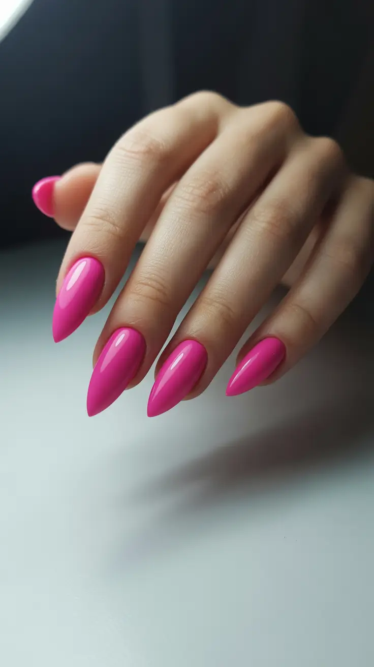 pink nail designs 2026 Vibrant Pink Almond Minimalist Shine