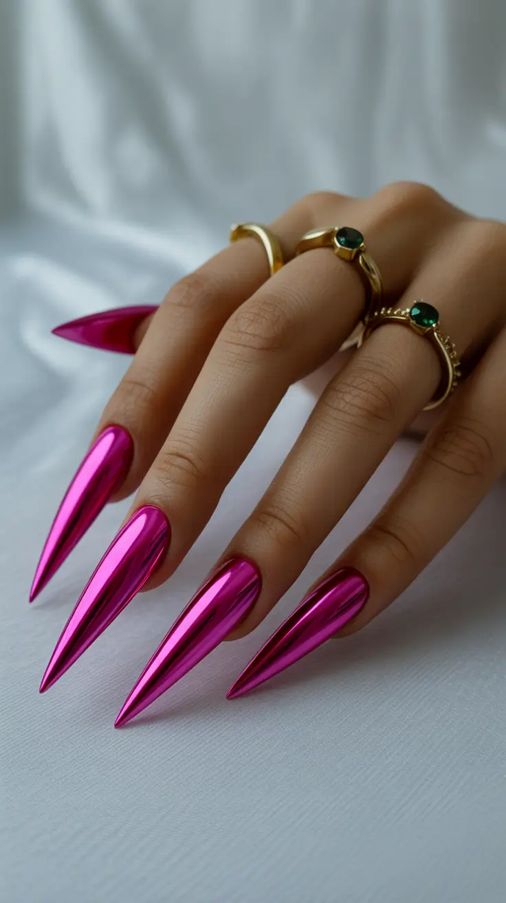 pink nail designs 2026 Reflective Mirror-Pink Stiletto Drama