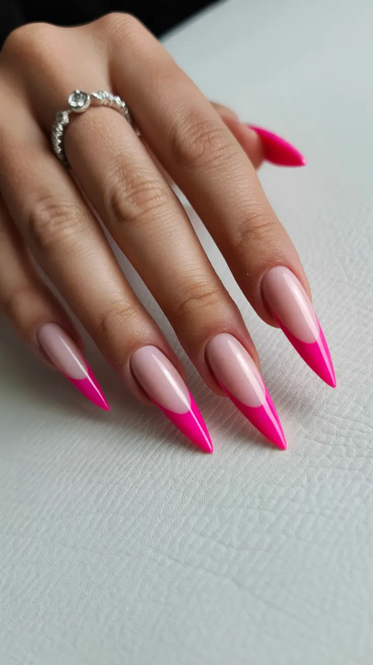 pink nail designs 2026 Hot-Pink Stiletto French Revival