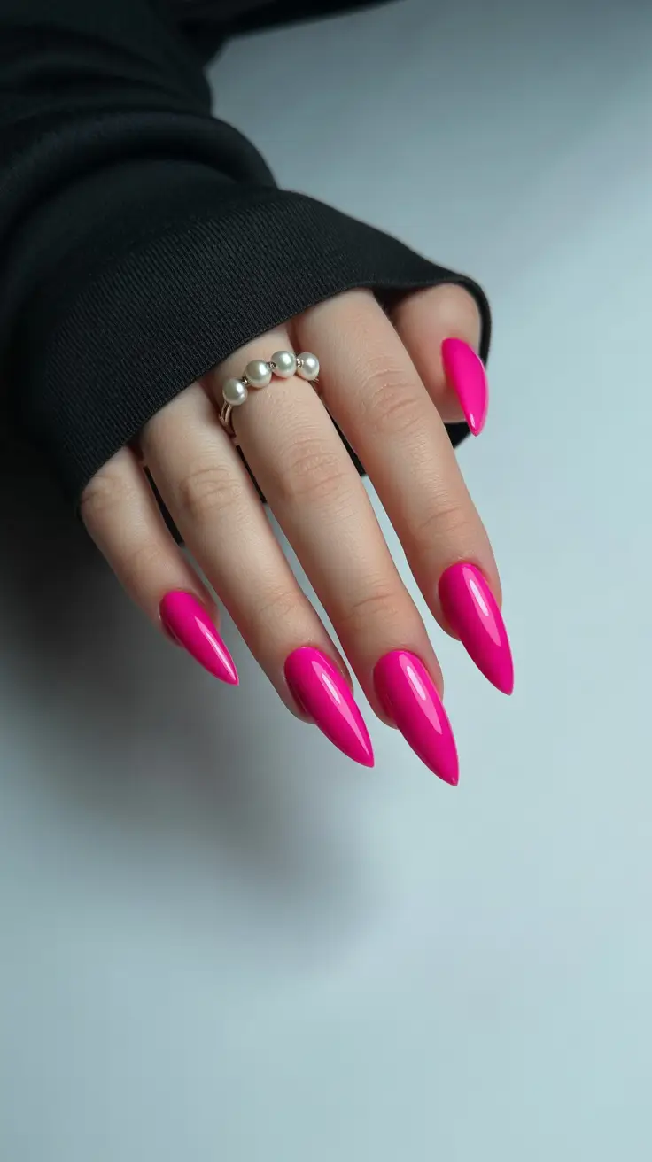 pink nail designs 2026 High-Gloss Neon-Pink Almond Statement