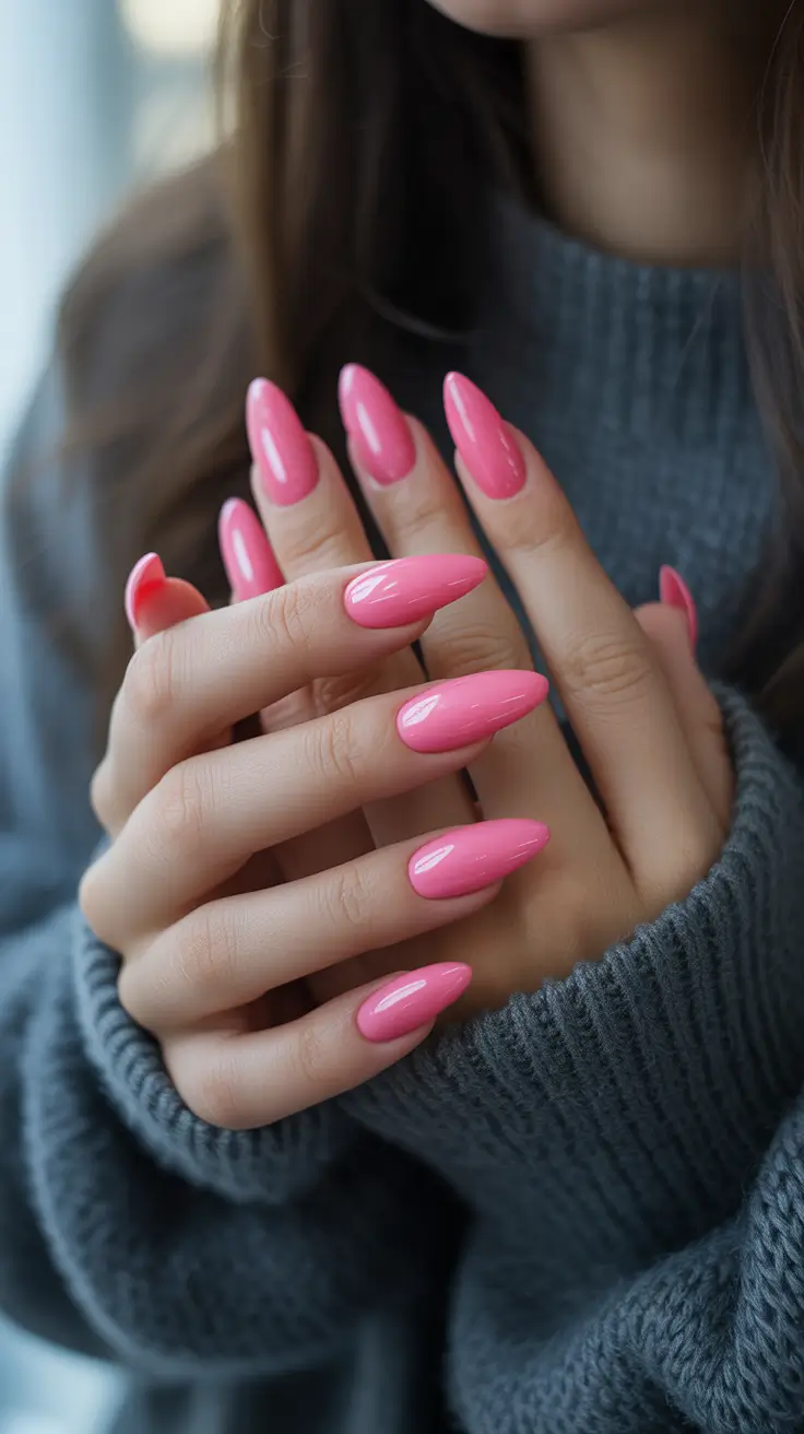 pink nail designs 2026 Soft Rose-Pink Almond for Everyday Romance