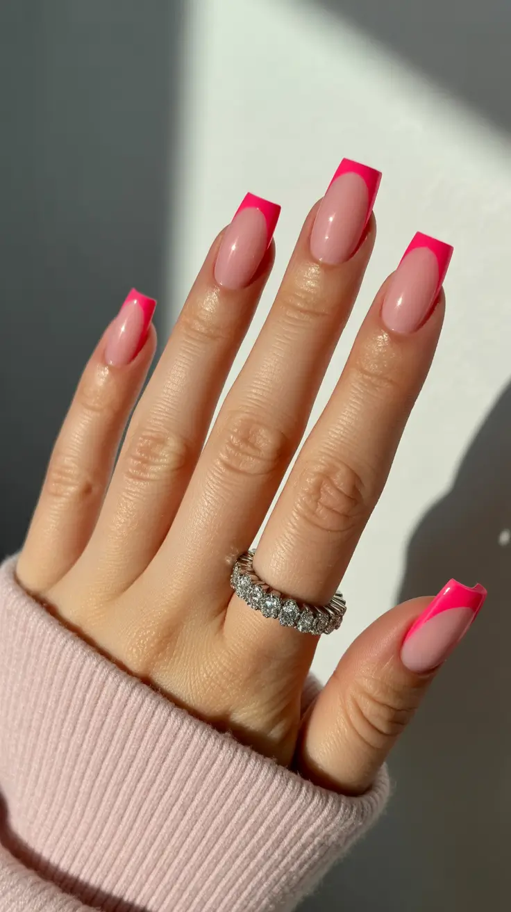 pink nail designs 2026 Neon-Pink Square French Accent