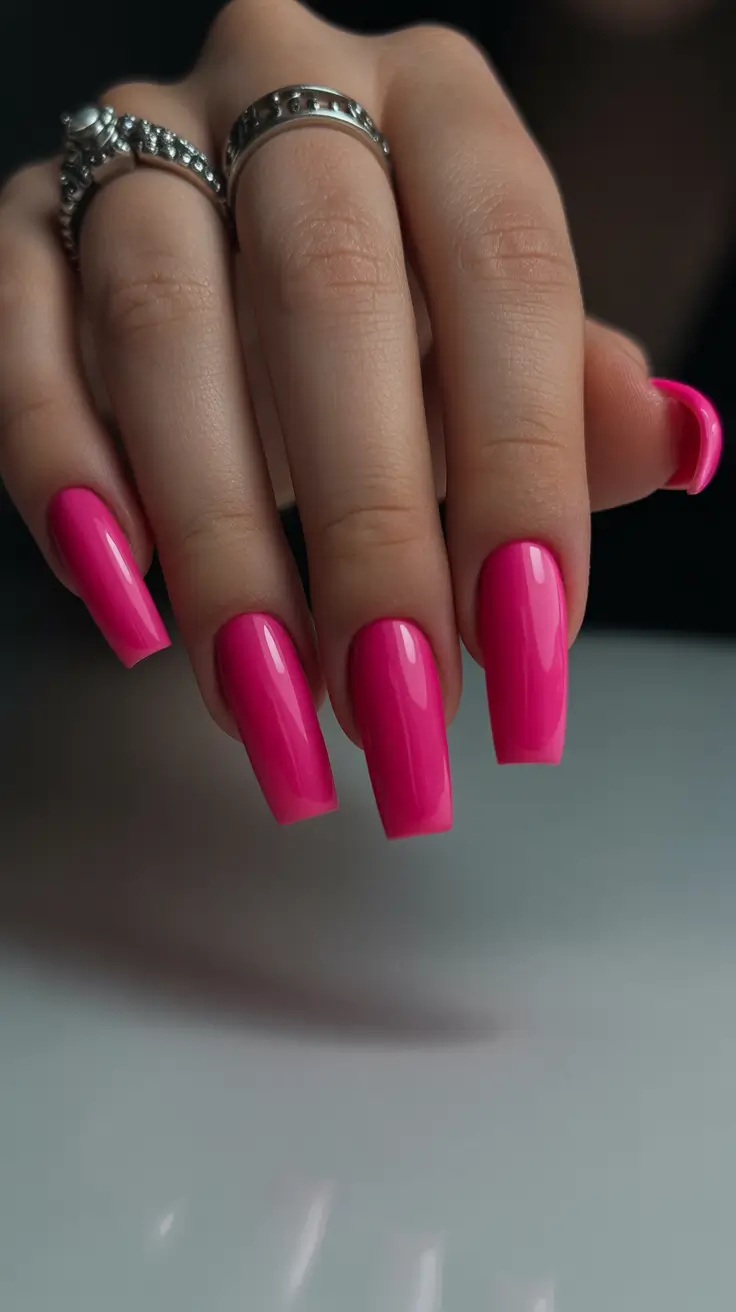 pink nail designs 2026 Classic Hot-Pink Square Shine