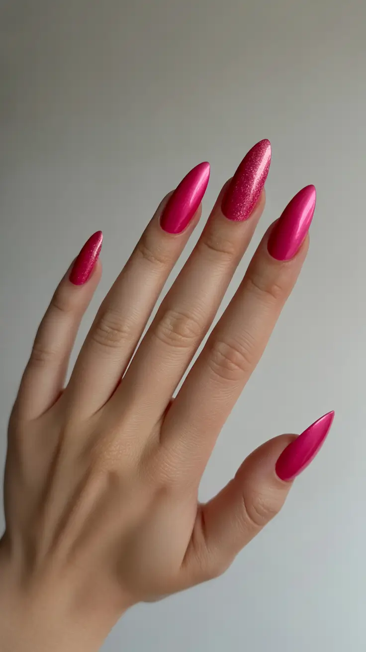 pink nail designs 2026 Shimmered Pink Almond Elegance