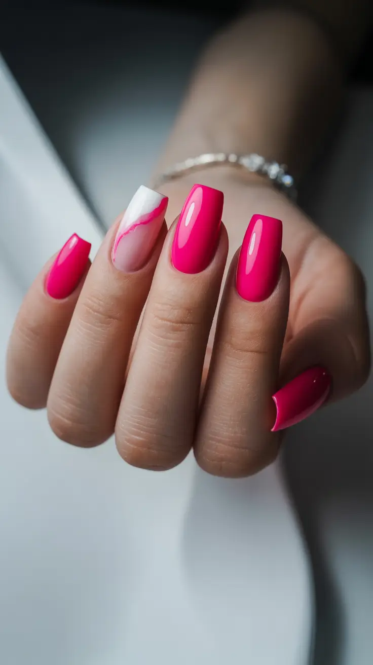 pink nail designs 2026 High-Gloss Pink With White Wavy Detail