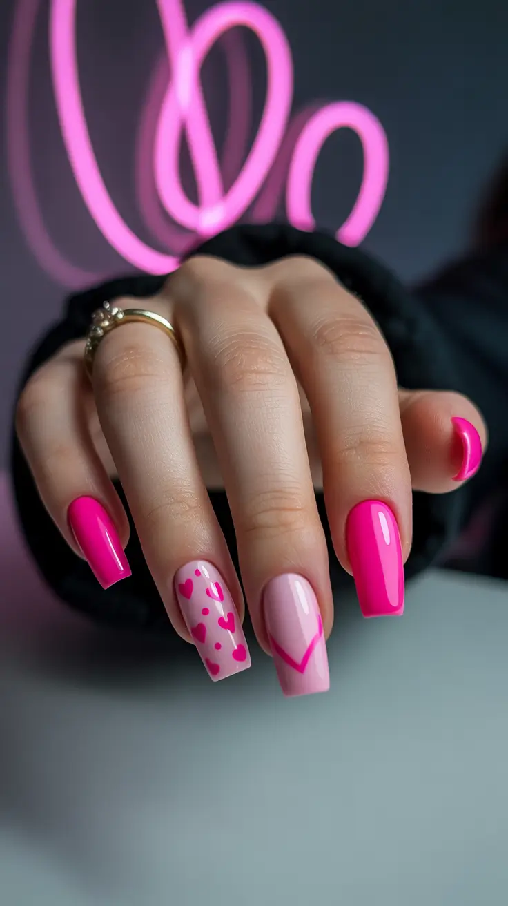 pink nail designs 2026 Playful Pink Hearts on Soft Nude Base