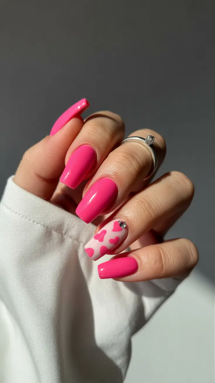 pink nail designs 2026 Glossy Pink Square Nails With Heart Accent