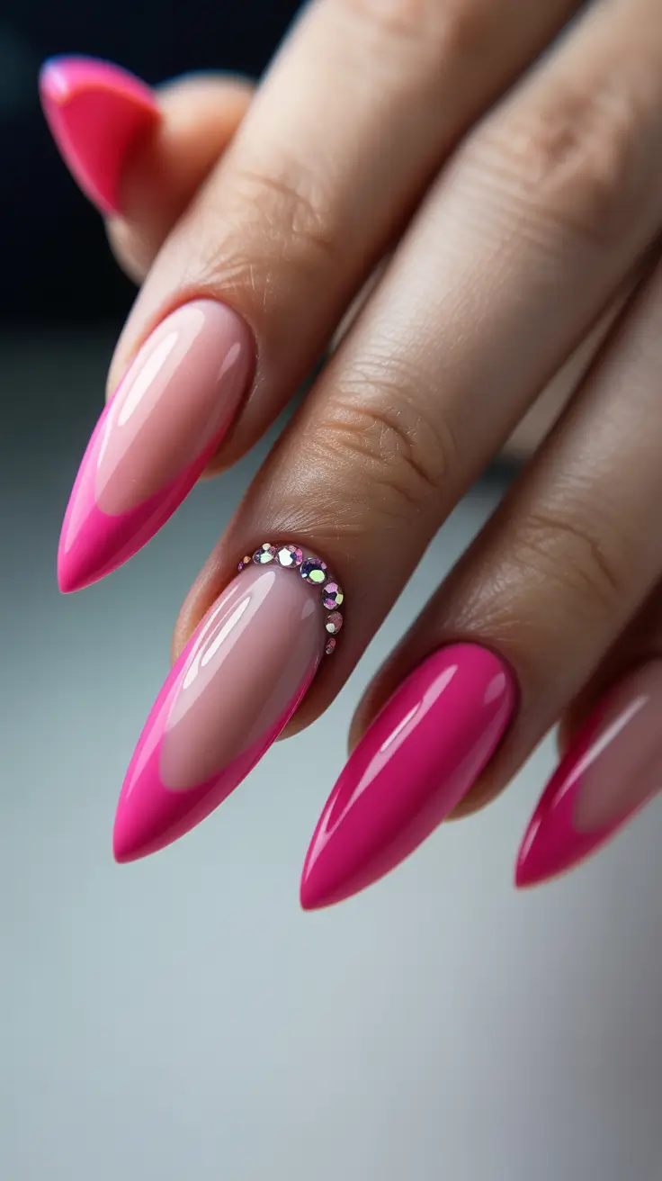 pink nail designs 2026 Almond Pink Fade With Crystal Crescent
