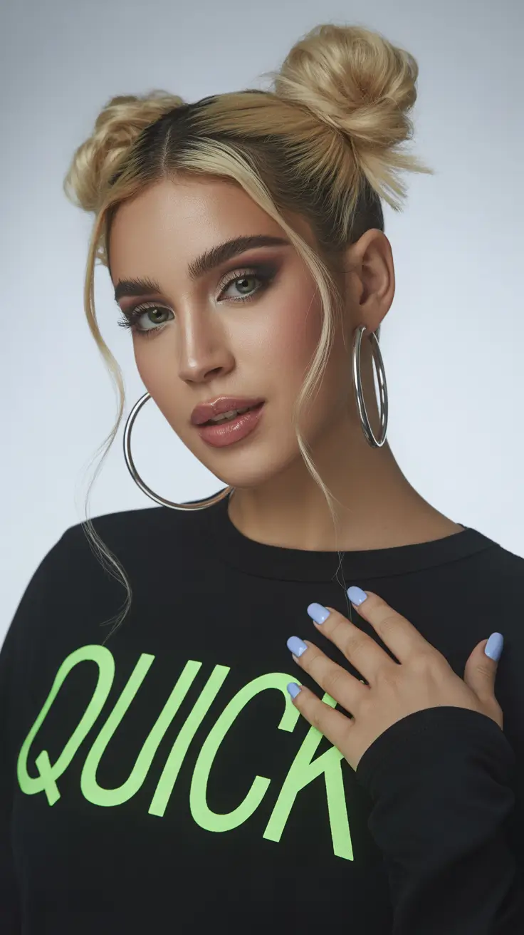 Quick and easy hairstyles 2026 Trendy Double Buns With Face-Framing Strands