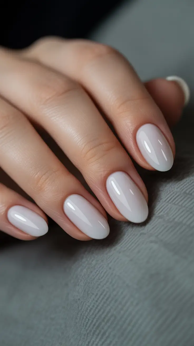 short acrylic nail designs 2026 Milky Almond Serenity
