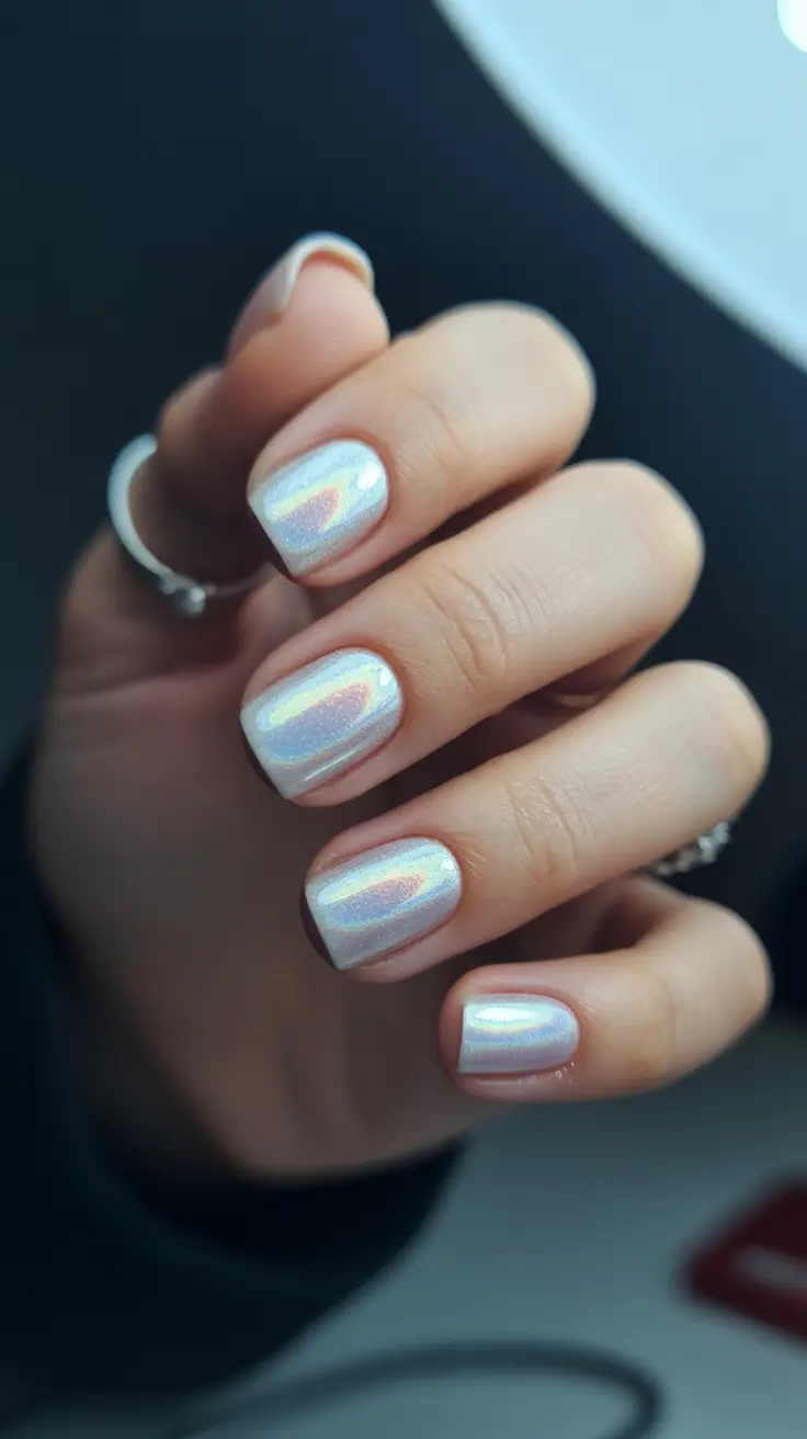 short acrylic nail designs 2026 Pearlized Glow With Iridescent Shift