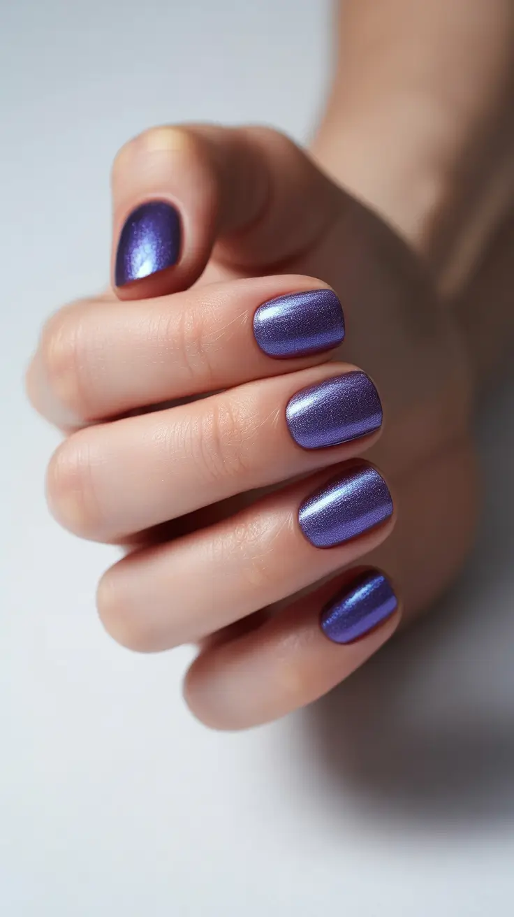 short acrylic nail designs 2026 Metallic Blue Stardust