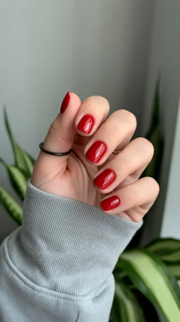 short acrylic nail designs 2026 Glossy Ruby Classic