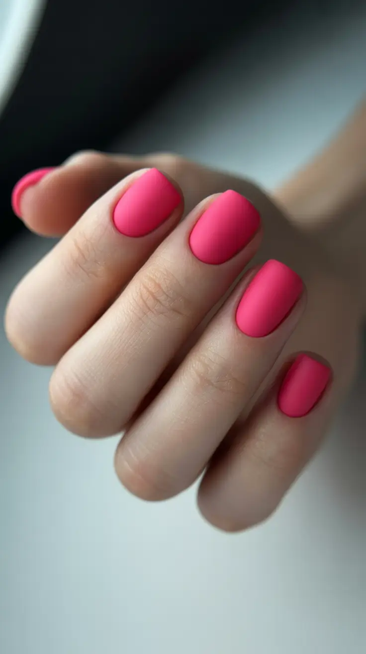 short acrylic nail designs 2026 Hot Pink Matte Pop