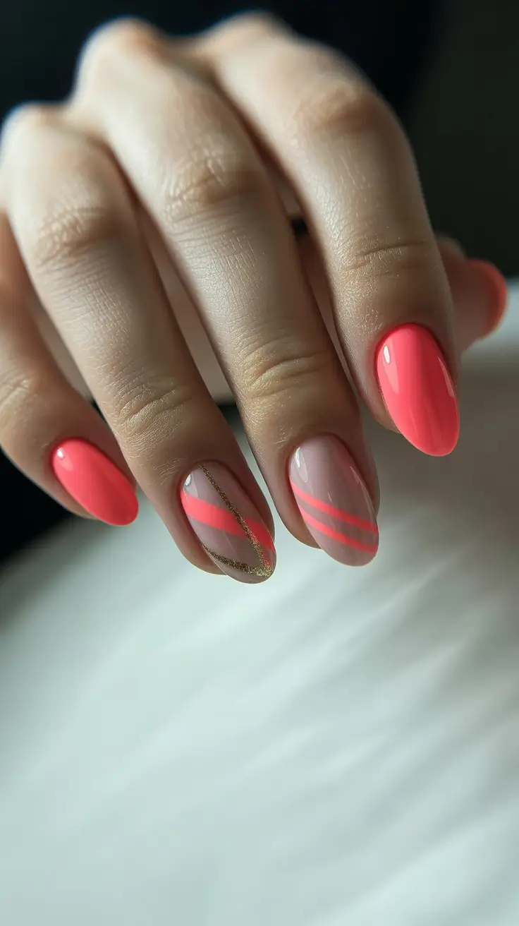 short acrylic nail designs 2026 Coral Waves With Gold Accents