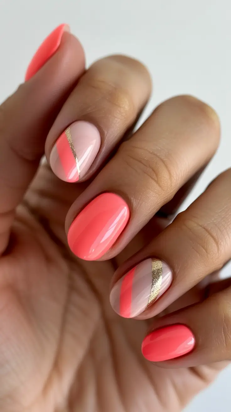 short acrylic nail designs 2026 Sunset Stripes With a Hint of Gold