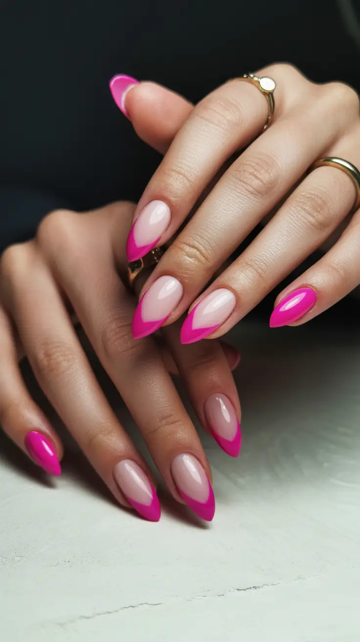 short acrylic nail designs 2026 Hot Pink Almond French Edge