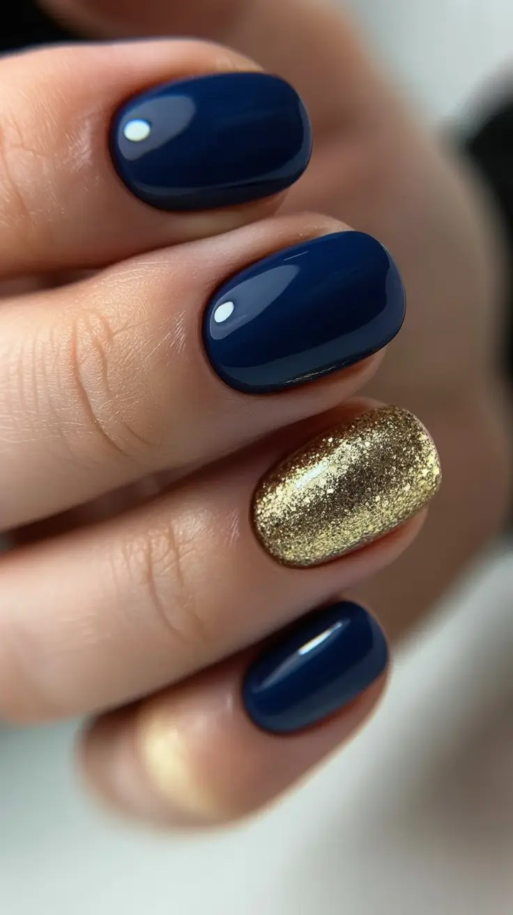 short acrylic nail designs 2026 Midnight Navy With Gold Accent