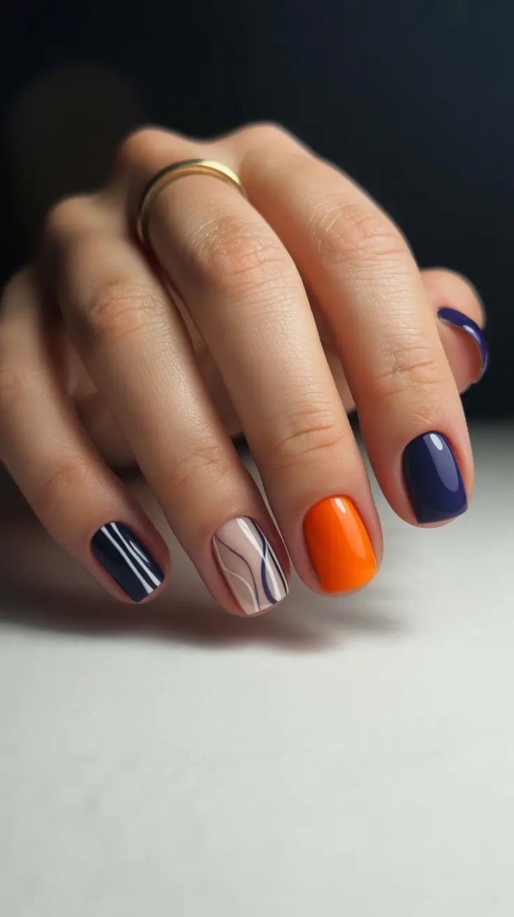 short nail designs 2026 Bold Color Block & Modern Swirls
