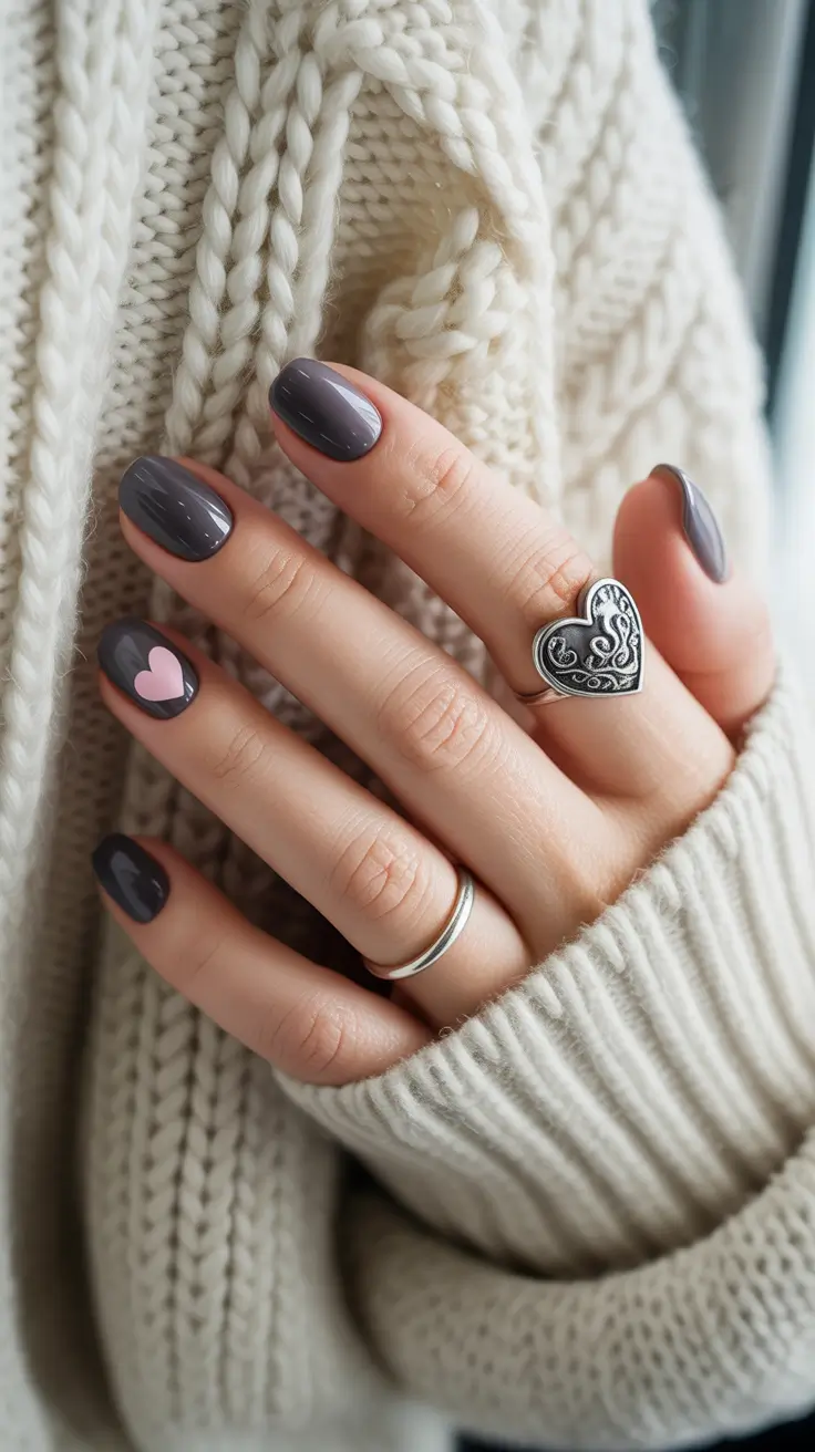short nail designs 2026 Moody Grey With a Sweet Heart Accent