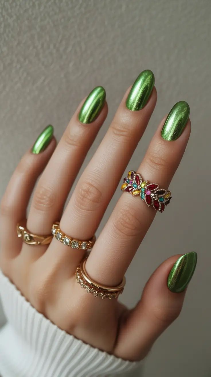 short nail designs 2026 Metallic Green Mirror Shine