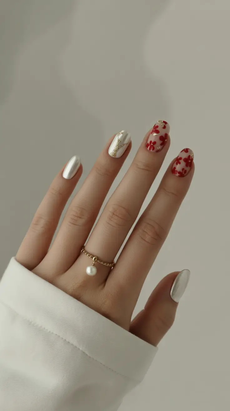 short nail designs 2026 Silver Chrome & Red Florals