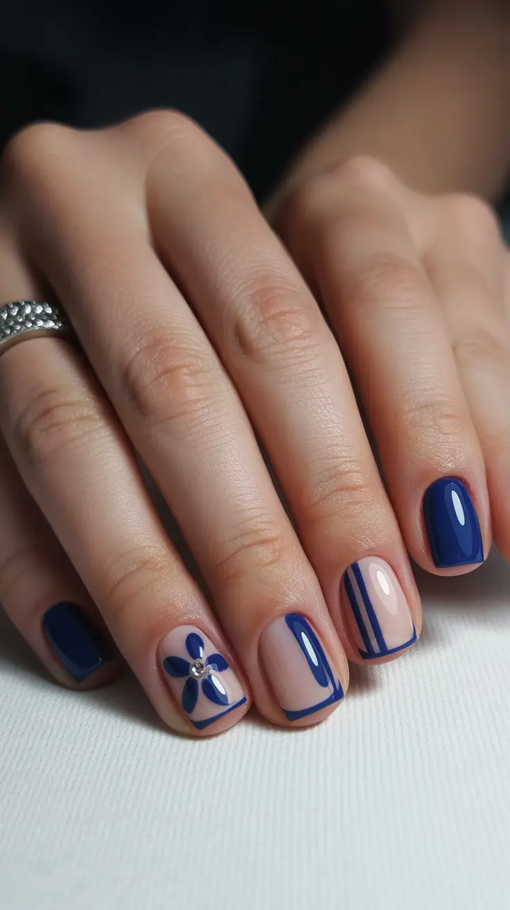 short nail designs 2026 Navy Minimal Lines & Petal Accent