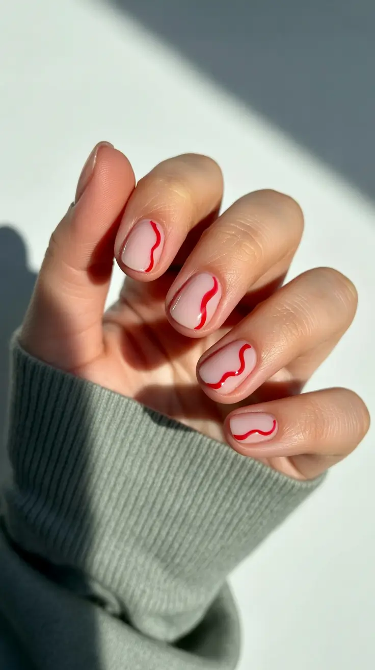 short nail designs 2026 Minimal Red Wave Outlines
