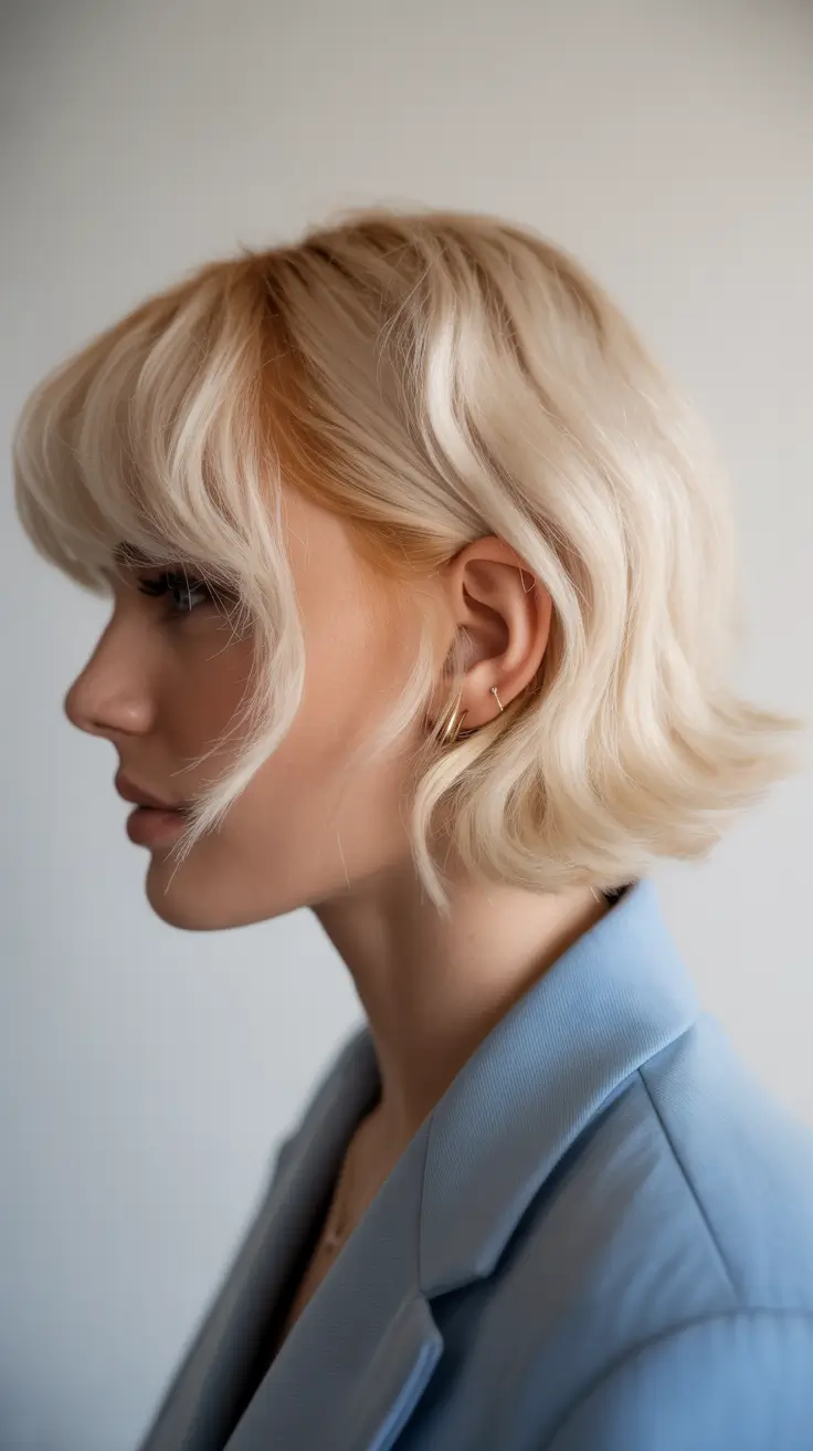 spring blonde hair color ideas 2026 Short Creamy Bob With Feathered Fringe