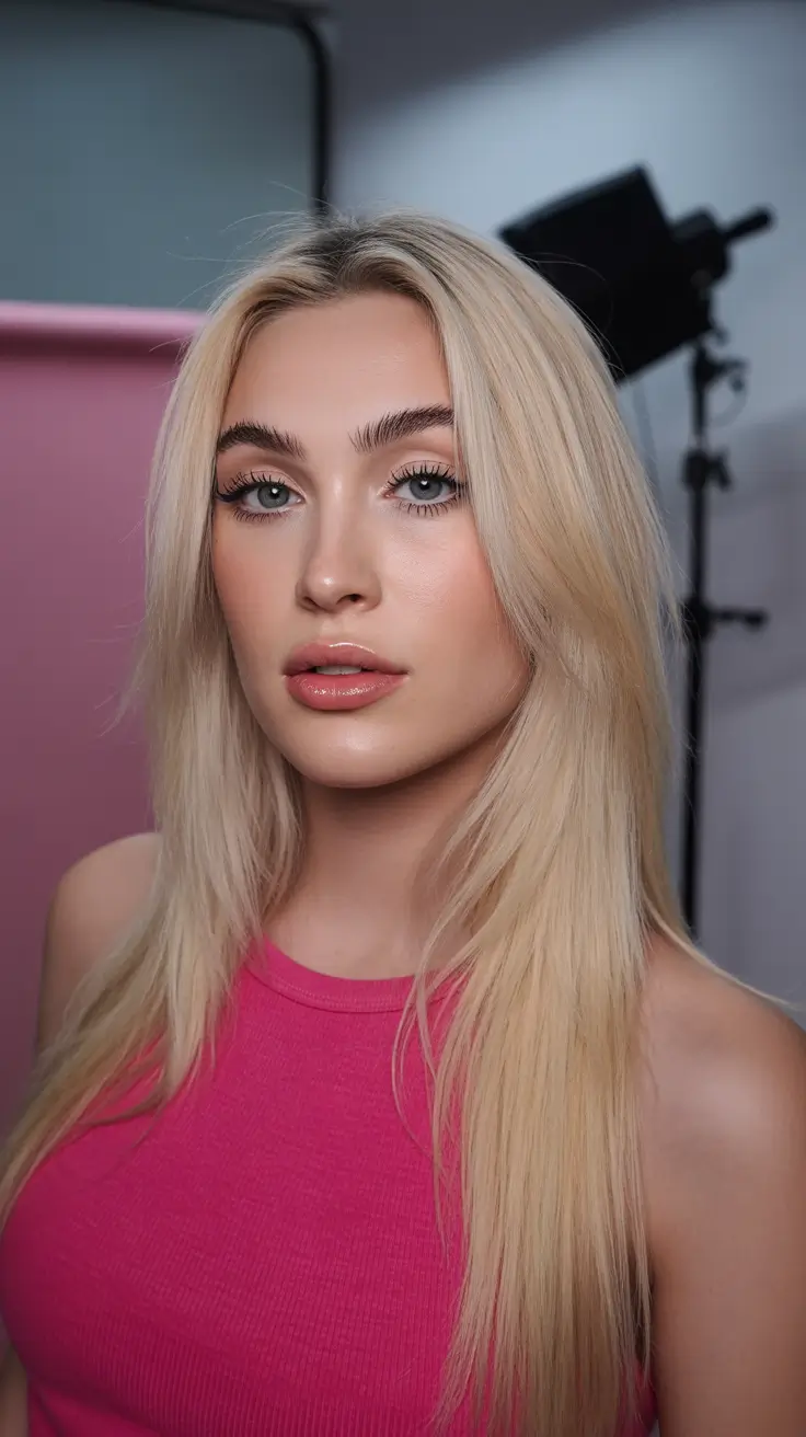 spring blonde hair color ideas 2026 Soft Strawberries-and-Cream Blonde With Straight Layers