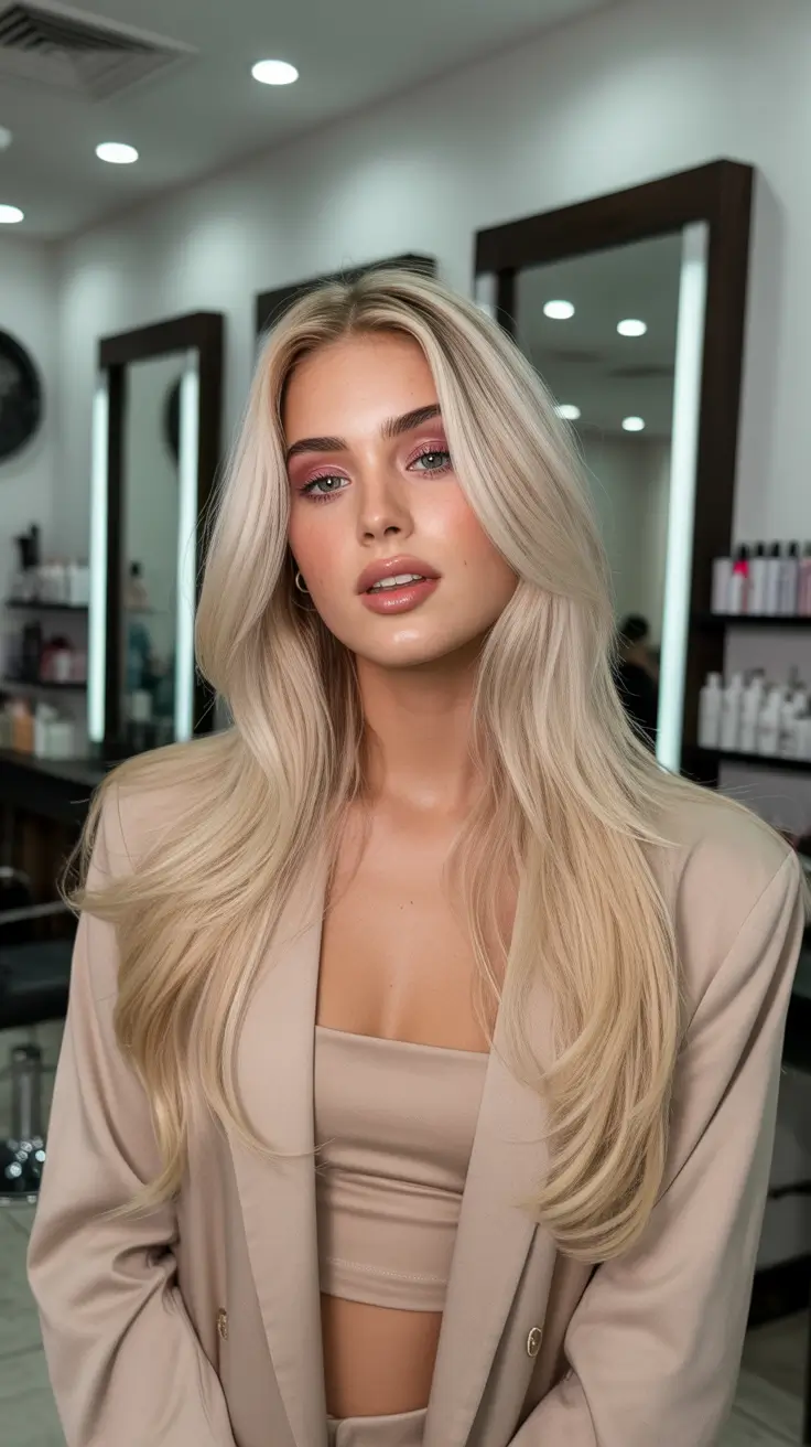 spring blonde hair color ideas 2026 Polished Cream-Blonde Layers With Luxurious Shine