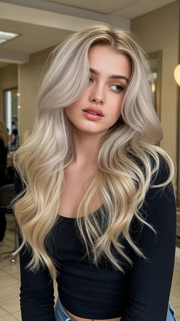 spring blonde hair color ideas 2026 Soft Pearl Blonde With Long Flowy Layers
