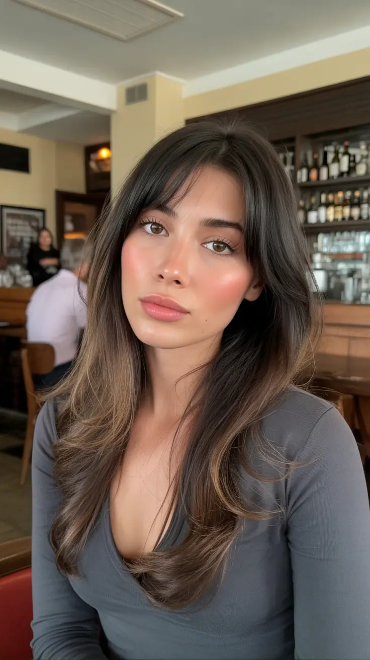 Spring Hair Color Ideas 2026 Deep Brunette with Cinnamon-Satin Flicks and Curtain Bangs