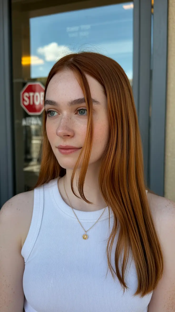 Spring Hair Color Ideas 2026 Soft Copper Gloss on Straight Mid-Lengths