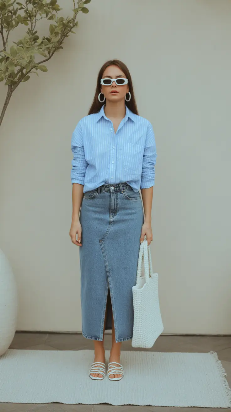 Spring Outfits for women 2026 Minimal Shirt and Denim Skirt