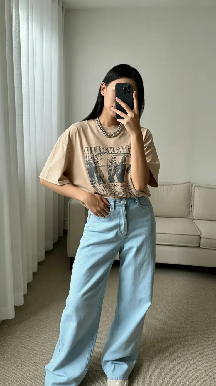 Spring Outfits for women 2026 Relaxed Graphic Tee and Wide-Leg Denim
