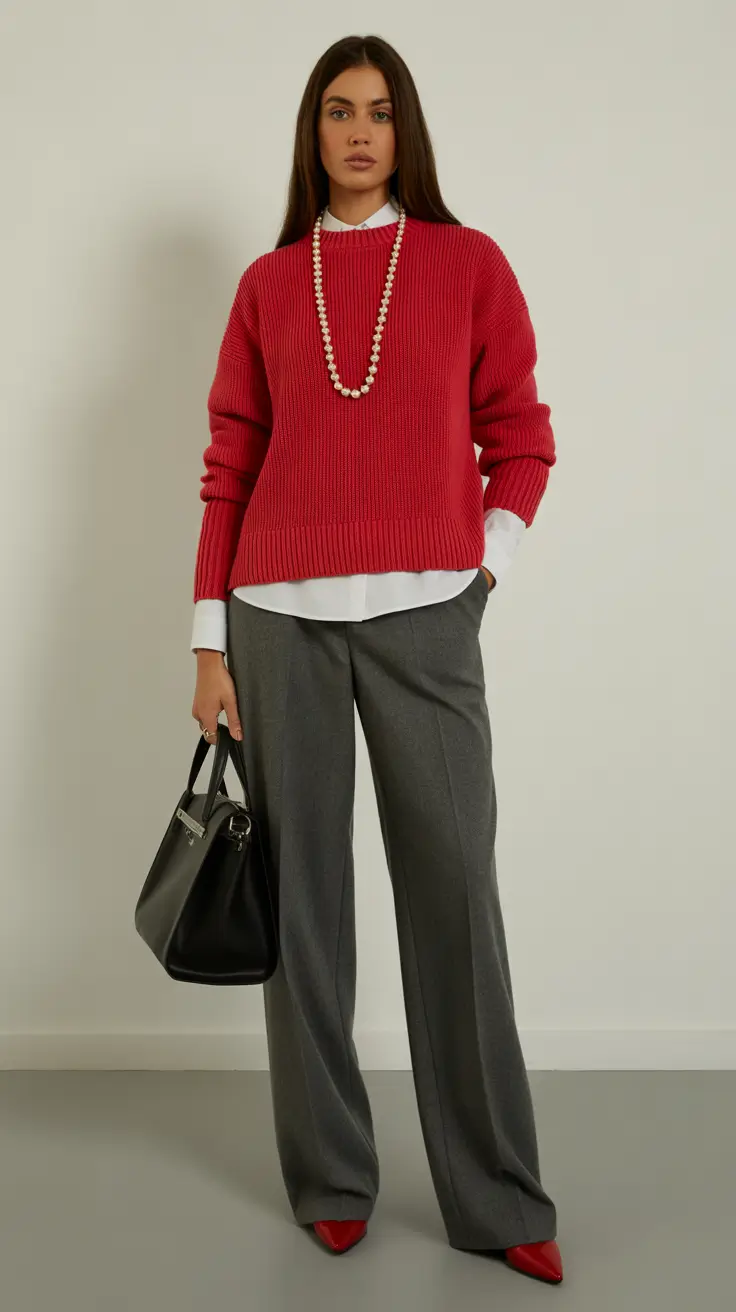 Spring work outfits 2026 Classic Layers with a Modern Red Accent