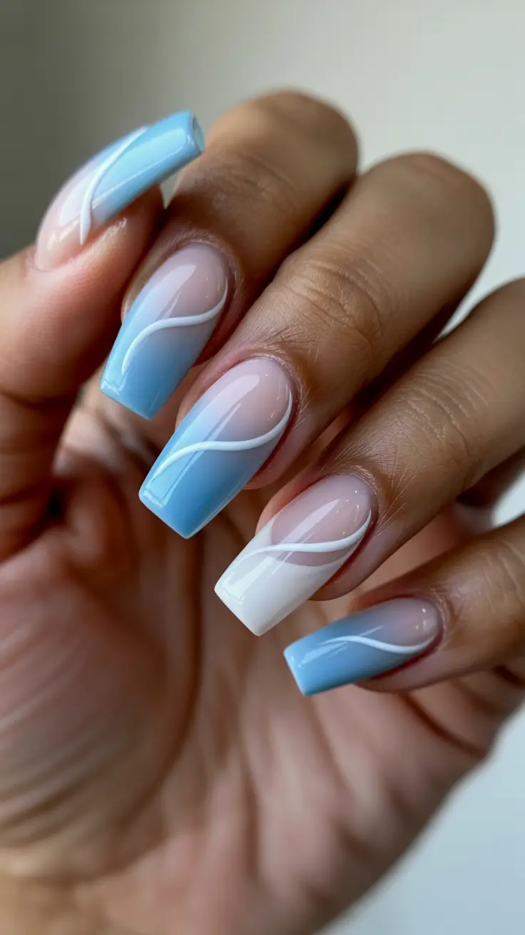 square nails ideas 2026 Ocean-Wave Swirls for Dreamy Summer Movement
